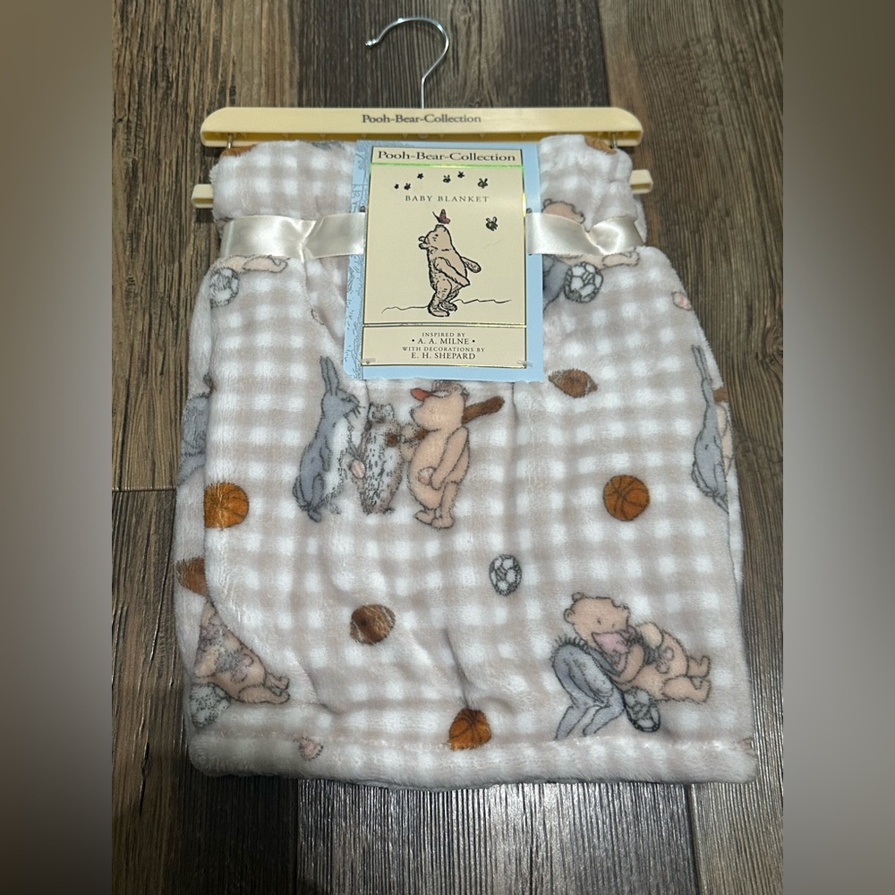 Pooh Bear Collection beige gingham plush baby blanket sports baseball soccer